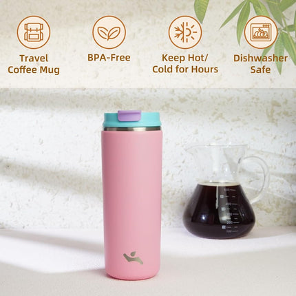 Konokyo Tumbler with Lid, 16 oz Travel Coffee Mug Double Wall Vacuum Stainless Steel Thermal Metal Cup Insulated Water Bottle,Pink