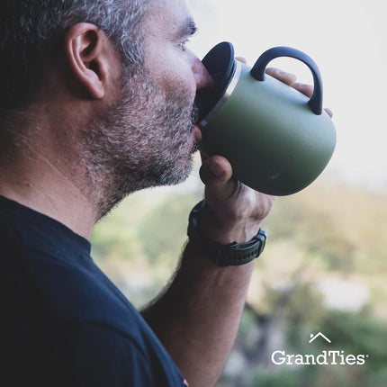 GrandTies Insulated Coffee Mug with Handle - Sliding Lid for Splash-Proof 16 oz Wine-Glass Shape Thermal Tumbler with Double Walled Vacuum Stainless Steel to Keeps Beverages Hot or Cold (Olive Green)