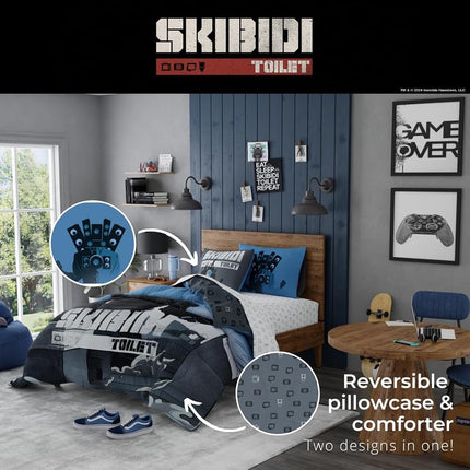 Franco Skibidi Toilet Gamer Bedding 5 Piece Super Soft Reversible Comforter and Sheet Set Full, (Officially Licensed Product)