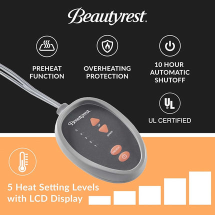 Beautyrest Calientacamas Eléctrico King - Cubrecolchón Eléctrico Fresco al Tacto, para Todas las Estaciones, 5 Niveles de Calor, Apagado Automático, Bolsillo Profundo - Lavable a Máquina, Certificado UL, Blanco, Queen