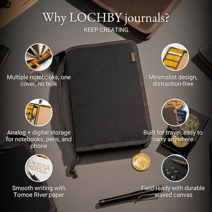 LOCHBY® Field Folio A5 | Zipper Journal Notebook Cover | Water Resistant Waxed Canvas | Included Tomoe River Notebook | Perfect for Travel, Art, Bullet Journal