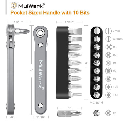 MULWARK 11pc 1/4 Mini Ratchet Wrench Close Quarters Pocket Screwdriver Set with High Torque & Low Profile- Micro Right Angle EDC Tool with 90 Degree Mini Offset Reversible Drive Handle& Multi Hex Bit