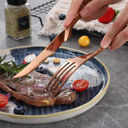 Lemeya 6 Pieces Steak Knife Set of 6, Standing Steak Knives,Mirror Polished,Dishwasher Safe (Rose Gold)
