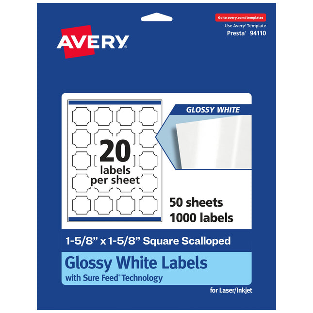 Avery Glossy White Square Scalloped Labels with Su