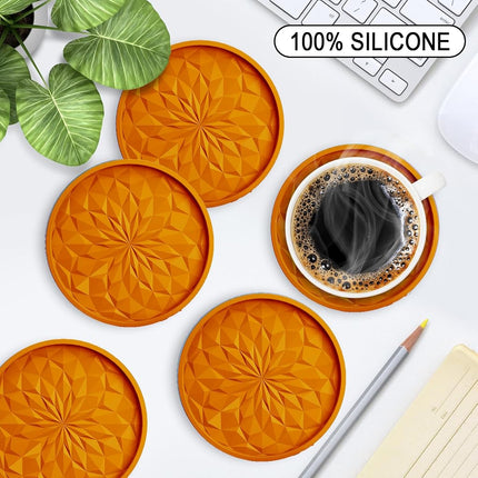 ME.Fan Silicone Coasters [6 Pack] Coasters with Holder - Drinking Coasters - Cup Mat for Drinks - Live for Hot or Cold Drink Thickened, Non-Slip, Non-Stick, Deep Tray Orange