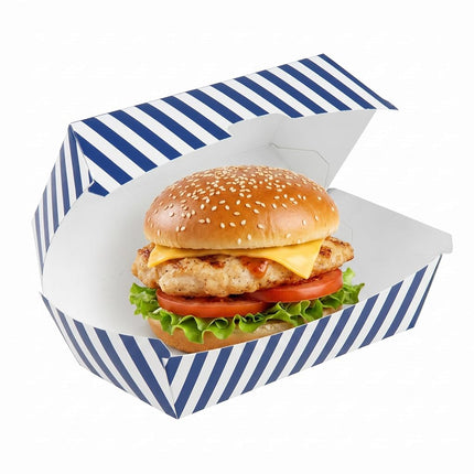 Bio Tek 6.7 x 3.5 x 3.5 Inch Clamshell Food Containers, 100 Disposable Sandwich Containers - Hinged Lid, Tab-Lock Closure, Blue And White Paper Hot Dog Containers, Greaseproof - Restaurantware