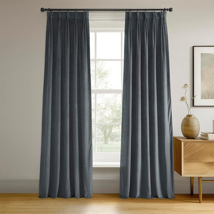 HPD Half Price Drapes Velvet Blackout Curtains/Drapes - 120 Inches Long 1 Panel Blackout Curtain Signature Pleated for Living Room & Bedroom - 25W X 120L, Distance Blue Grey