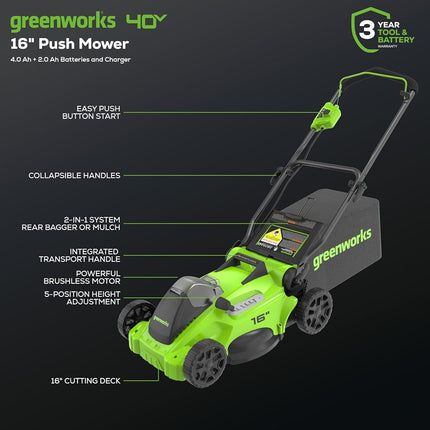 Greenworks 40V 16" Brushless Cordless (Push) Lawn Mower + Blower (350 CFM), 4.0Ah Battery and Charger Included (75+ Compatible Tools)