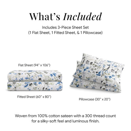 Tribeca Living Queen Bed Sheet Set, 300 Thread Count Soft Cotton Sateen, Floral Print with Extra Deep Pockets, 4-Piece Bedding Set, Amalfi Blue/Multicolor