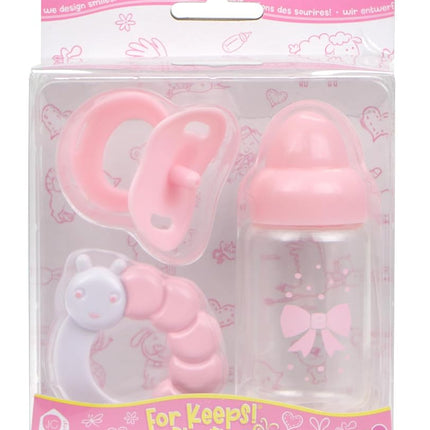 JC TOYS - Set of 3 doll accessories (bottle, pacifier and rattle), pink and white, fits all dolls up to 50 cm, +2 years old