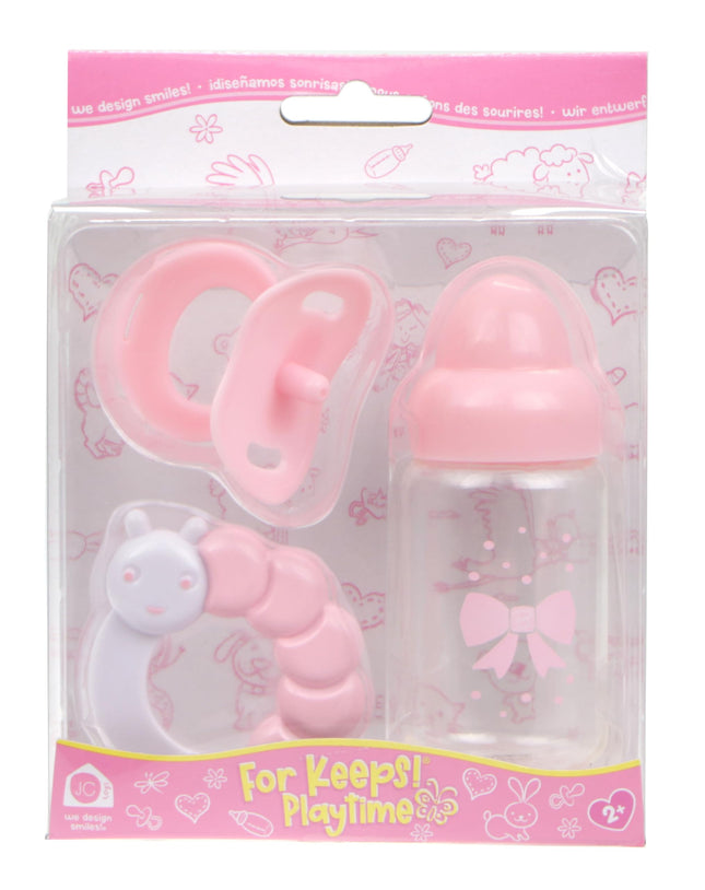 JC TOYS - Lot de 3 accessoires de poupée (biberon, sucette et hochet), rose et blanc, convient à toutes les poupées jusqu'à 50 cm, +2 ans
