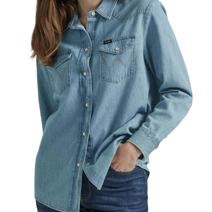 Wrangler Womens Boyfriend Denim Snap Closure Shirt