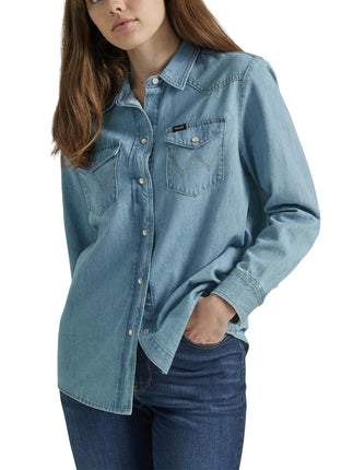 Wrangler Womens Boyfriend Denim Snap Closure Shirt