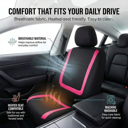 FH Group Car Seat Covers Full Set Pink Cloth - Universal Fit Automotive Seat Covers, Low Back Front Seat Covers, Solid Back Seat Cover, Washable Car Seat Cover for SUV, Sedan and Van, FB032PINK114
