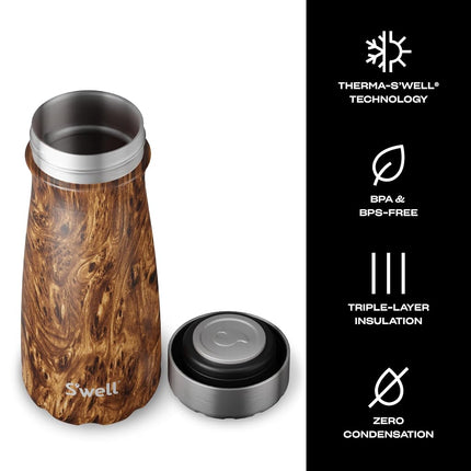 S'well Stainless Steel Traveler Bottle with Commuter Lid - 16 Fl Oz - Teakwood - Triple - Layered Vacuum - Insulated Containers Keeps Drinks Cold for 24 Hours and Hot for 6 - BPA - Free Water Bottle