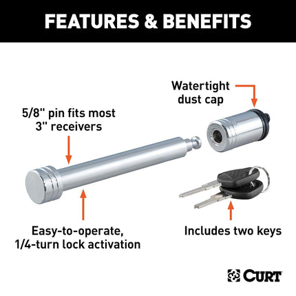 CURT 23025 Trailer Hitch Lock, 5/8-Inch Pin Diameter, Fits 3-Inch Receiver