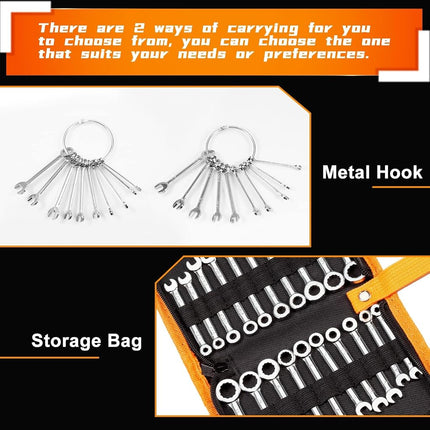 LEONTOOL Mini Wrench Set Metric and SAE 20 Pcs Ignition Wrenches 4-11mm & 5/32" to 7/16" Open End Box End Wrench Set with Key Ring, Combination Wrench Sets with Zipper Bag