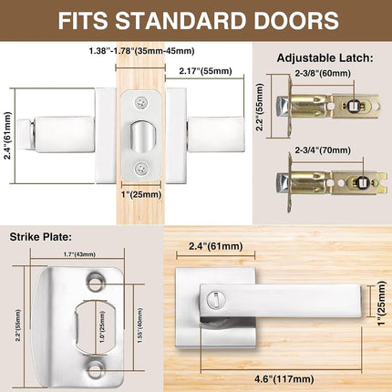 6 Pack Square Door Lever Privacy Door Lock Handleset, Keyless Lockset Door Knobs Interior Door Knobs Storage Room Bathroom Set Reversible Keyless Flat Levers in Satin Nickel