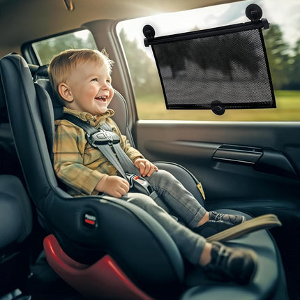 Nuby 14" Roller Vehicle Side Window Sun Protection Shade for Baby | 2 Pack | Pull Down with Suction Cups and Press Button Roll Up | Black