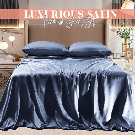 Elegant Comfort Luxurious 4-Piece Silky Satin Sheet Set, Skin and Hair Friendly, Wrinkle, Fade, Stain Resistant with Deep Pockets Fitted Sheet, Cooling Soft Satin Sheet Set, Twin, Navy Blue