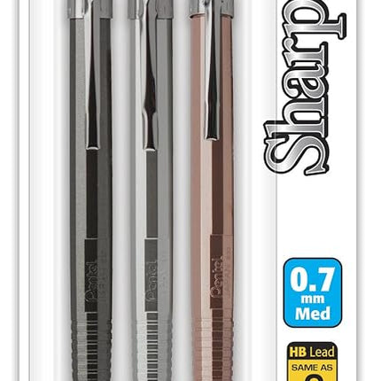 Pentel Sharp Mechanical Pencil, (0.7mm), Medium Line, Metallic Barrel, Assorted Colors, Pack of 3 (P207MBP3M)