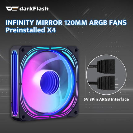 darkFlash ATX Mid-Tower Gaming PC Case, Back Plug-in BTF Motherboard, with 4 ARGB Fans Computer Case, Full View Curve Glass Dual-Chamber PC Case, Type C Port, Supports Dual 360mm AIO, Black(DPW90)
