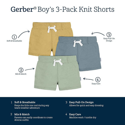 Gerber Baby - Pantalones Cortos de Punto sin Cierre para Bebé Niño, Paquete de 3, Verde, 4T