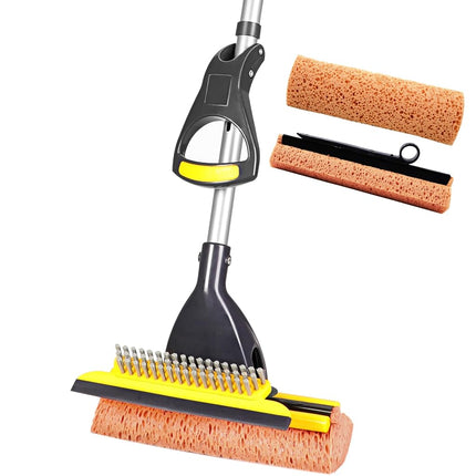 Yocada Fregona de esponja para uso comercial y doméstico, para limpieza de azulejos, baños, garajes, con 2 cabezales de esponja en total, escurridor y mango telescópico extensible largo de 42.5 a 52 pulgadas, fácil de escurrir y secar