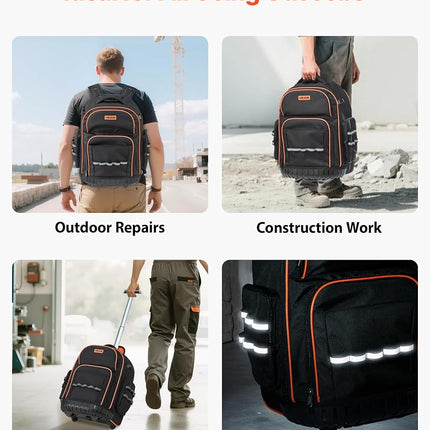 VEVOR Rolling Tool Backpack, 110 lbs Load Capacity, 45 Pockets Heavy Duty Roller Tool Bag on Wheels, Adjustable Telescoping Handle & Stable Base, Toolbag Organizers for Construction, Mechanic