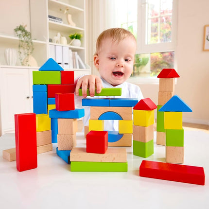 Hape Maple Blocks Kids Wooden Building Blocks Stacking Wooden Block Educational Toy Set for Toddlers, 50 Brightly Coloured Pieces in Assorted Shapes and Sizes