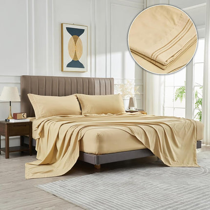 WODFAMY Microfiber Easy Fit Twin Size Bed Sheet Set Extra Soft Deep Pockets Luxury Hotel 3 Piece Set Beige Bed Sheets Twin Sheets