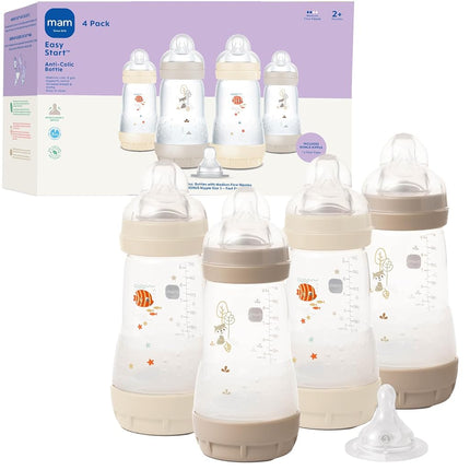 MAM 9oz Easy Start Anti-Colic Wide Neck Baby Bottle, Medium Flow Breastfeeding-Like Nipple, Reduces Colic Gas & Reflux, Easy to Clean, BPA Free, 2+ Months, Made in Europe, Bonus Fast Flow Nipple, 4 Pk