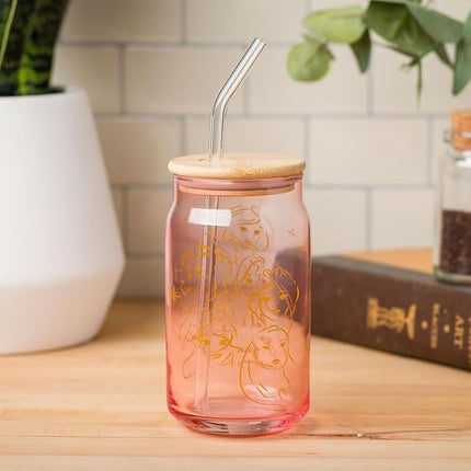 Silver Buffalo Disney Princess Glass Tumbler with Bamboo Lid and Glass Straw Featuring Pocahontas, Tiana, Snow White, Ariel, Belle, Jasmine, Rapunzal, Cinderella, and Moana, 16 Ounces
