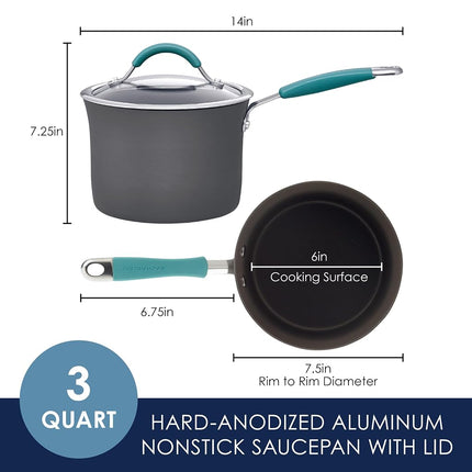 Rachael Ray Cucina Sartén/Cacerola Antiadherente de Aluminio Anodizado Duro con Tapa, 3 Cuartos, Azul