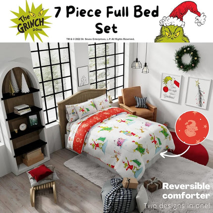 Housse de couette et parure de draps Franco avec taie, microfibre, Grinch-Blanc + Rouge, 7 pièces Grand lit