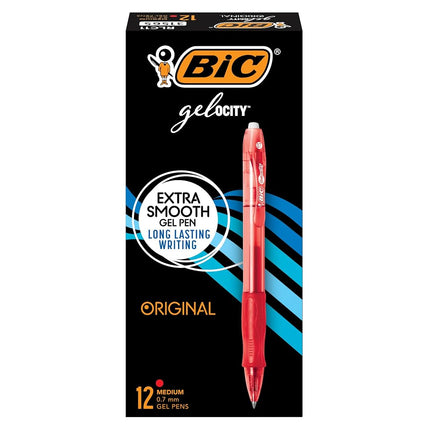Bic Gel-Ocity Gel Pens, 12-Count, Medium Point, Red Ink, Retractable, Contoured Grip