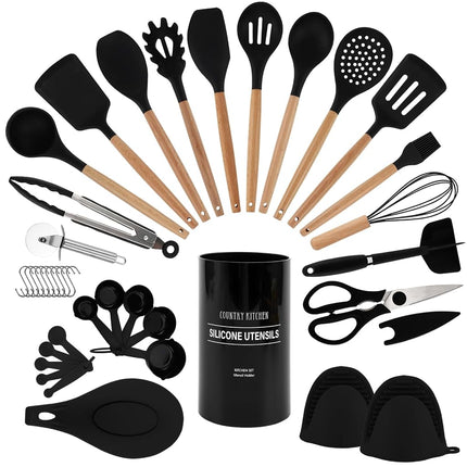 Country Kitchen Non Stick Silicone Utensil Set with Rounded Wood Handles for Cooking and Baking, 38 Piece Set, Black