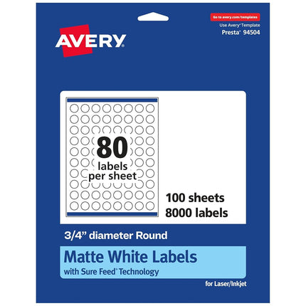 Avery Matte White Round Labels with Sure Feed, 3/4" Diameter, 8,000 Matte White Printable Labels