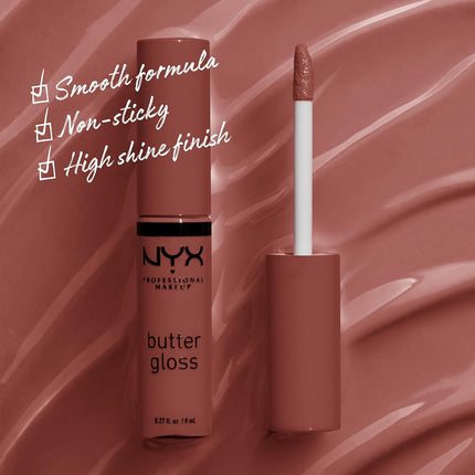 NYX Professional Makeup Butter Gloss, Silky smooth non-sticky formula lip gloss, Praline (Deep Nude), 8mL