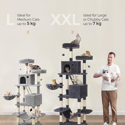 FEANDREA Cat Tree, 206 cm Large Cat Tower with 13 Scratching Posts, 2 Perches, 2 Caves, 1 Scratching Ramp, Basket, Hammock, Pompoms, Multi-Level Plush Cat Condo for Indoor Cats, Light Gray