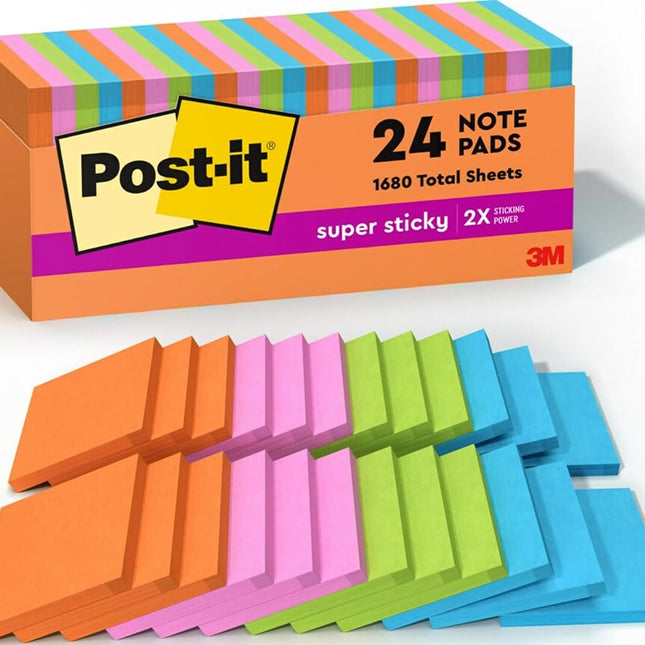 Post-it Super Sticky Notes, 3 in x 3 in, Rio de Janeiro, 70 Sheets/Pad, 24 Pads Cabinet Pack, Blue, Pink, Yellow 90feuilles � Post-it Notes 3 In X 3 In, Rio de Janeiro Collection, 70 Sheets/Pad, 24 Pads Cabinet Pack, 90 Sheets, 30 mm, 30 mm)