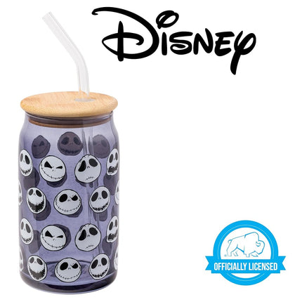 Silver Buffalo Disney Tim Burton Nightmare Before Christmas Jack Skellington Expressions Gray Glass Jar Tumbler with Bamboo Lid and Glass Straw, 16 Ounces