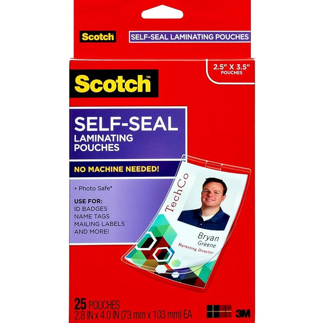 Scotch Self-Sealing Laminating Pouches, ID Protectors Includes Clips, 2.8 Inches x 4 Inches, 25 Pouches, Packaging May Vary (LS852G) (Pack of 12, 300 Count Total)