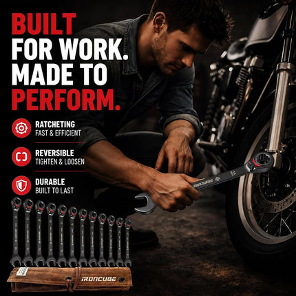ironcube Reversible ratcheting Wrench Set, 12-Piece Metric 8-19mm, Tough Black, With Wax Canvas Storage Bag