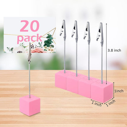 Gersoniel 20 clips para notas con base de cubo y pinza de cocodrilo, soporte de madera para números de mesa, tarjetero con base de cubo, mini soporte para fotos y menús para exhibir tarjetas de números (rosa)