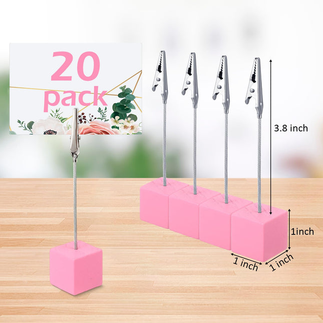 Gersoniel 20 clips para notas con base de cubo y pinza de cocodrilo, soporte de madera para números de mesa, tarjetero con base de cubo, mini soporte para fotos y menús para exhibir tarjetas de números (rosa)
