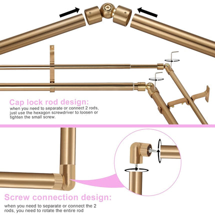 Barras de cortina de esquina doble Mayrhyme Warm Gold con remates de tapa de aluminio y soportes, barras de cortina de ventana salediza doble de 1 pulgada de diámetro, barra doble central ajustable de 2 lados de 20-36" y 36-72"