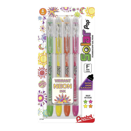 Pentel Solar Pop Neon Gel Pens .6mm 4/Pkg-Orange, Yellow, Green, Pink