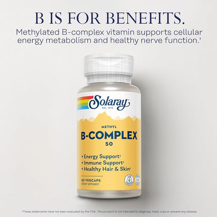 Solaray Methyl B-Complex 50mg | Methylated Forms of Folate & B-12 | Healthy Hair & Skin, Nerves, Immune Function & Metabolism Support | 60 VegCaps