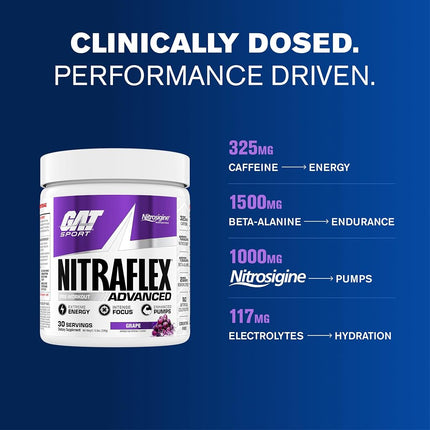 GAT Clinically Tested Nitraflex, Testosterone Enhancing Pre Workout, Grape, 300 Gram